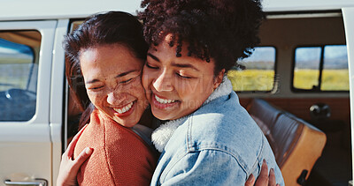 Buy stock photo Hug, road trip and car with women, smile and love for journey and countryside travel. Happy friends, transport and bonding for summer adventure, holiday break and outdoor vacation with van vehicle