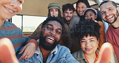 Buy stock photo Laughing, selfie and smile with friends in van together for outdoor holiday, travel or vacation. Portrait, road trip and social media with group of happy people in nature for profile picture