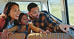 Pointing, road trip and van with child, family and view for journey, sightseeing or countryside travel. Happy, looking or girl bonding for adventure, holiday or vacation together with car, mom or dad