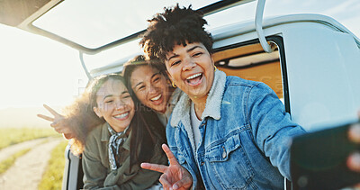 Buy stock photo Peace sign, selfie and smile with women in van together for outdoor holiday, travel or vacation. Emoji, hand gesture and social media with group of excited people in nature for profile picture