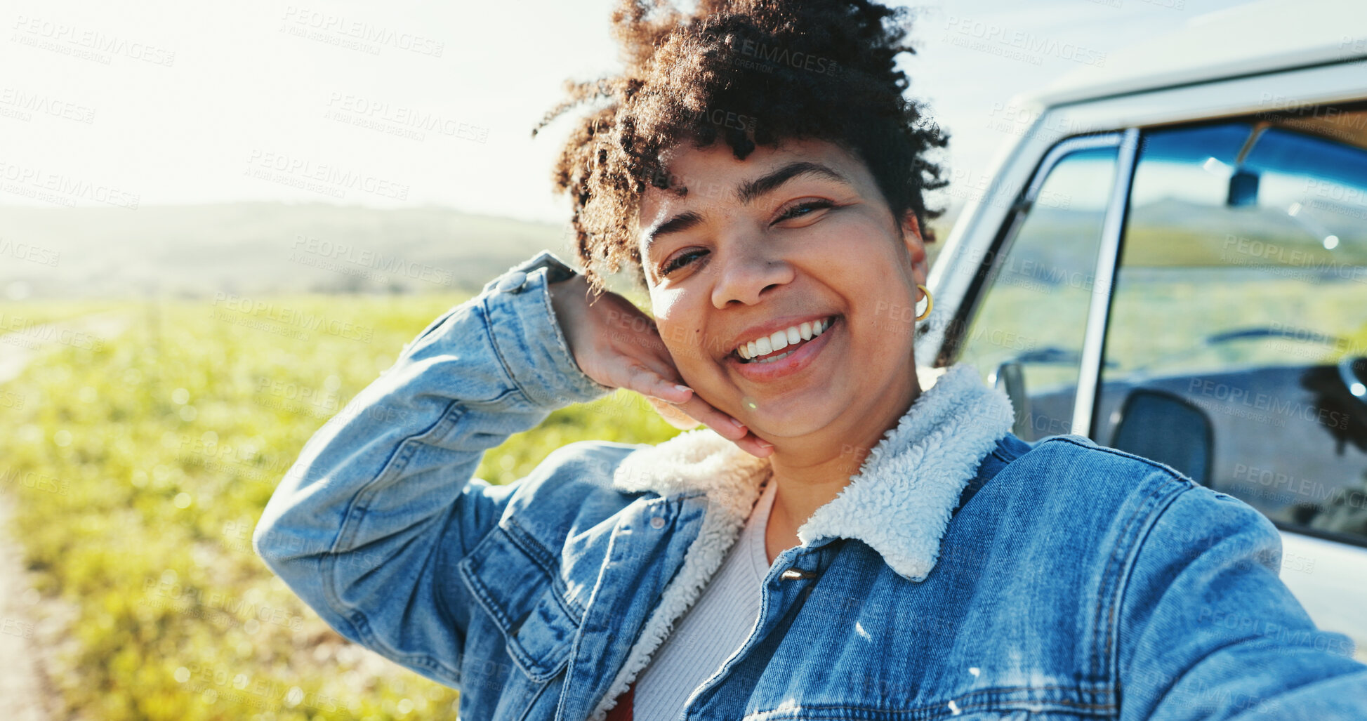 Buy stock photo Happy woman, portrait and farm with selfie for road trip, holiday or vacation in nature. Female person, tourist or travel with smile for photography, picture or memory on farmland in countryside