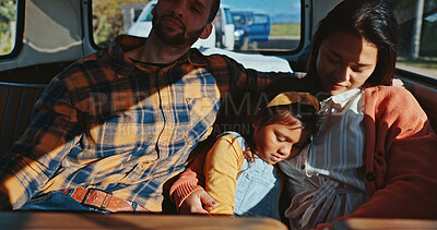 Buy stock photo Family, relax and transport on road for travel, long distance journey and child tired in city. Man, woman and girl sleeping in shuttle bus for roadtrip, summer vacation and holiday in Puerto Rico