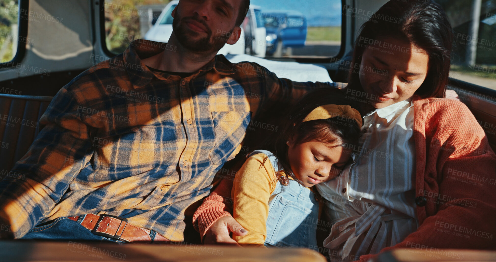 Buy stock photo Family, relax and transport on road for travel, long distance journey and child tired in city. Man, woman and girl sleeping in shuttle bus for roadtrip, summer vacation and holiday in Puerto Rico