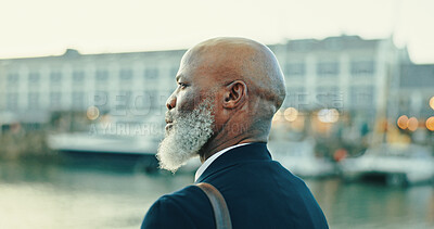 Buy stock photo Business, job opportunity and thinking with mature man in harbor for inspiration, travel or trip. Idea, planning and vision with African employee outdoor for future corporate development or growth