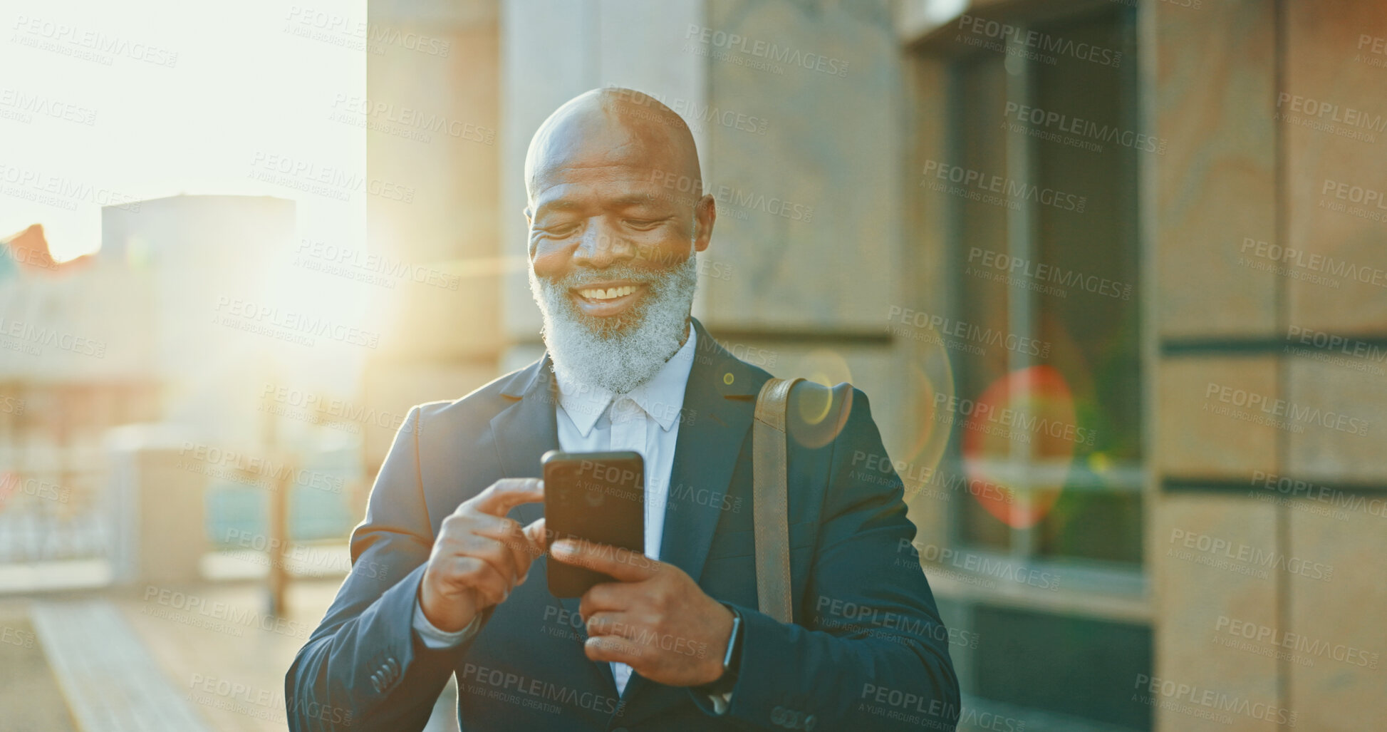 Buy stock photo Black man, city lawyer and phone for commute, agenda and online for consulting on legal case. Male person, urban town and travel to office building for justice, counsel client and message on app