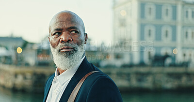 Buy stock photo Aware, business and thinking with mature man by harbor, on alert for travel or trip following. City, location and suspicious with worried African employee walking outdoor for corporate opportunity