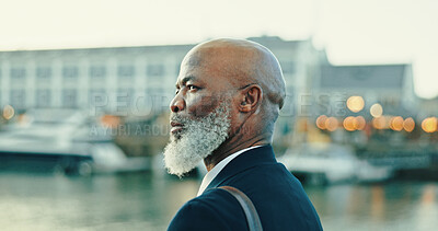 Buy stock photo Business, thinking and worried with mature man in harbor, on alert for travel or trip following. Aware, city and location with suspicious African employee walking outdoor for corporate opportunity