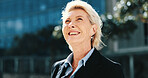 Mature, business woman and thinking outdoor for perspective insight, dream and mindset. Smile, planning future and manager in city with idea, vision and inspiration for urban development opportunity