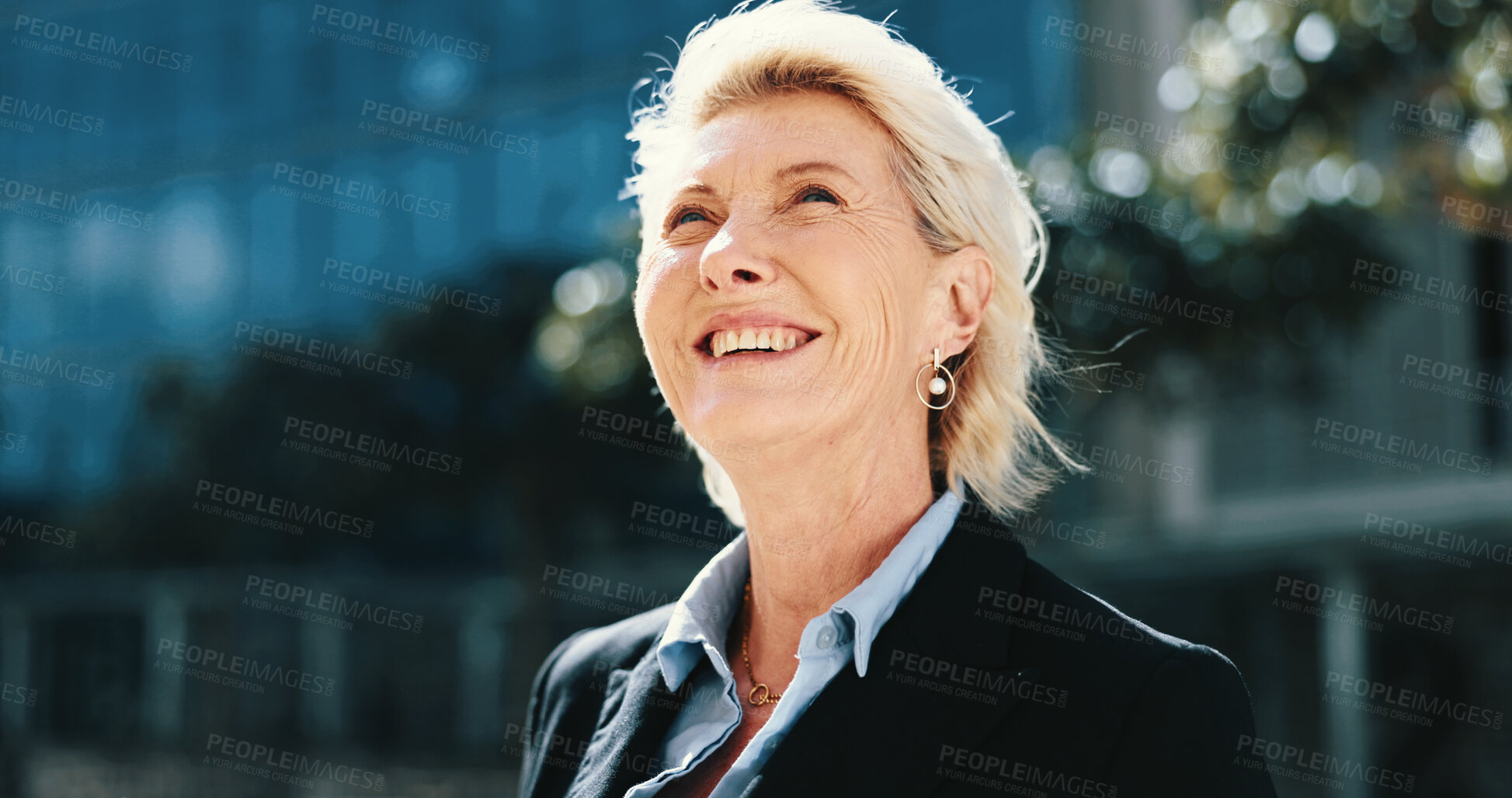 Buy stock photo Mature, business woman and thinking outdoor for perspective insight, dream and mindset. Smile, planning future and manager in city with idea, vision and inspiration for urban development opportunity
