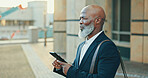 Smartphone, travel and businessman in city with communication, social networking or connectivity online. Happy, phone and African male lawyer with email for legal case information on commute in town.