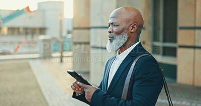 Buy stock photo Smartphone, travel and businessman in city with communication, social networking or connectivity online. Tech, phone and African male lawyer with email for legal case information on commute in town.