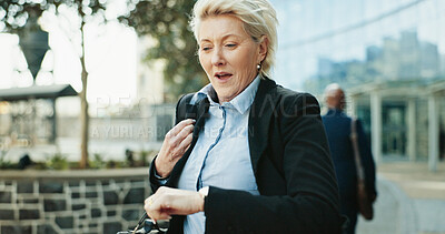 Buy stock photo Running, business woman and check watch in city for urgent meeting, rushing to appointment and late. Mature professional, deadline and schedule mistake for morning commute and time management outdoor