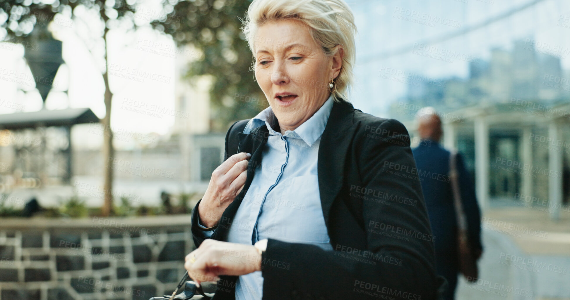 Buy stock photo Running, business woman and check watch in city for urgent meeting, rushing to appointment and late. Mature professional, deadline and schedule mistake for morning commute and time management outdoor