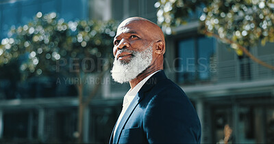 Buy stock photo Mature black man, business and thinking outdoor for insight, decision and mindset. Vision, planning future and manager in city with idea, solution and inspiration for urban development opportunity