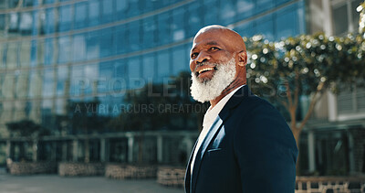 Buy stock photo Mature black man, business and thinking in city for insight, vision and mindset. Decision, planning and happy manager outdoor with idea, solution and inspiration for urban development opportunity