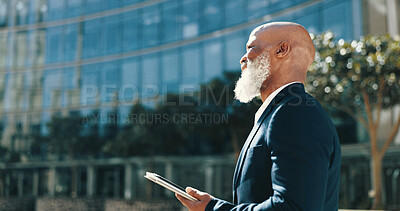 Buy stock photo Tablet, contact and mature businessman in city for email, connectivity or networking. Digital technology, research and African male executive CEO with online communication for corporate deal in town.