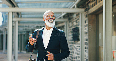 Buy stock photo Phone, business and black man in city for vision, thinking or travel for insight. Happy, planning and mature manager outdoor with idea, laughing or inspiration for real estate development opportunity