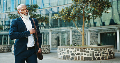 Buy stock photo Late, business man and walking outdoor for urgent meeting, rushing to appointment or moving fast. Mature professional, black person or speed on morning commute, hurry for deadline or schedule mistake