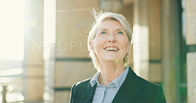 Buy stock photo Smile, business woman and vision in city for expert insight, thinking or mindset. Happy, planning and mature manager outdoor with idea, solution or inspiration for real estate development opportunity