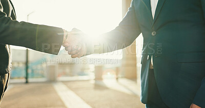 Buy stock photo Shaking hands, deal and business people in city for partnership, negotiation or company merger. Collaboration, meeting and corporate employees with handshake in agreement, welcome or contract in town