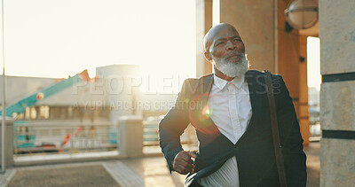 Buy stock photo Late, business man and running outdoor for urgent meeting, rushing to appointment or schedule mistake. Mature professional, black person and hurry with morning commute for deadline or time management