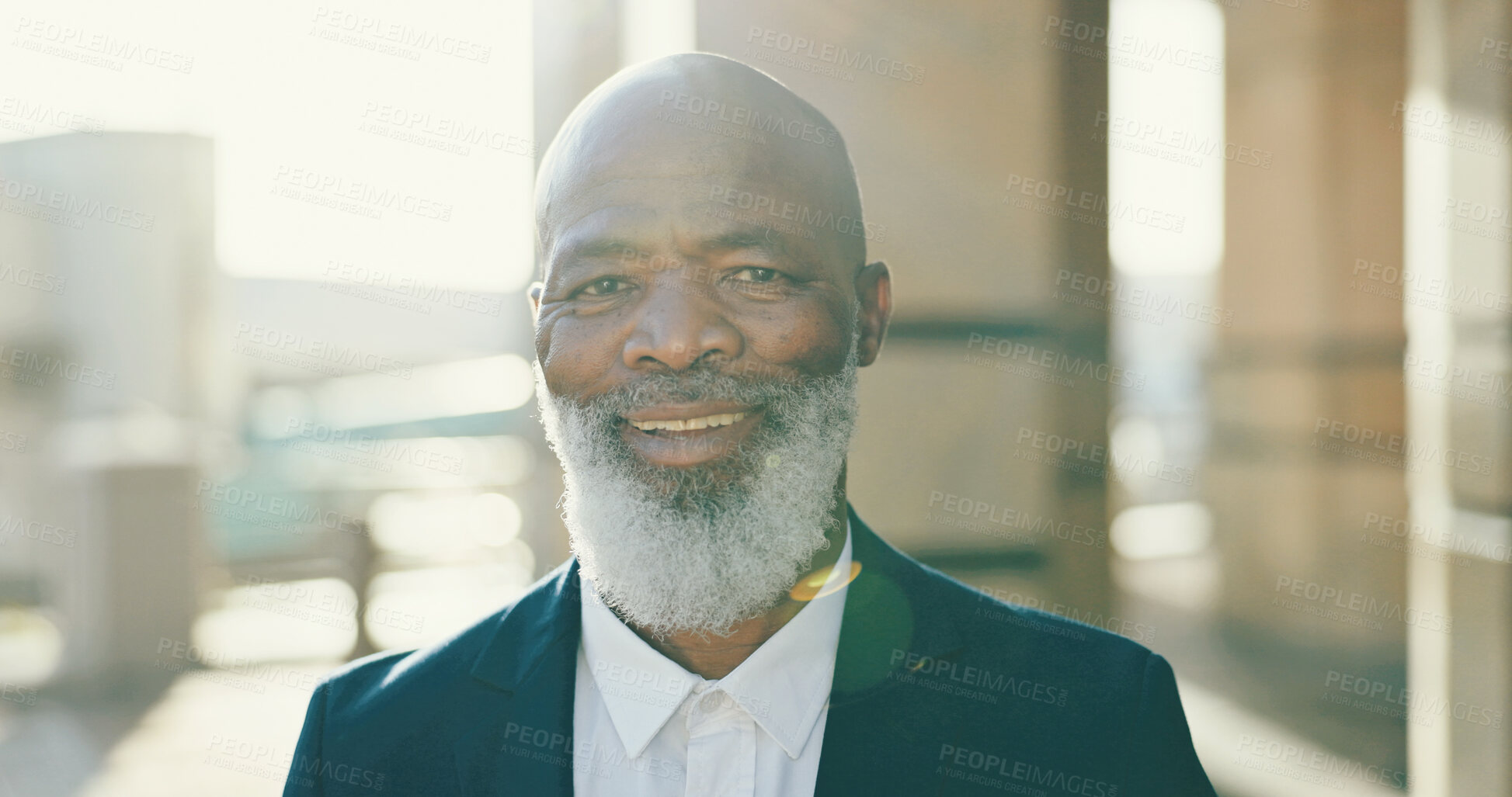 Buy stock photo Happy, mature and portrait of business black man in city for lawyer, corporate and legal counsel. Professional, confidence and attorney with person in Kenya outdoors for commute, pride and advocate