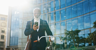 Buy stock photo City, bicycle and business man with phone walking for morning commute, travel and journey to work. Sustainable transport, eco friendly bike and person on smartphone for networking, text and contact
