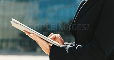 Buy stock photo Tablet, communication and hands of businesswoman in city for email, connectivity or networking. Digital technology, research and female executive CEO with online contact for corporate deal in town.