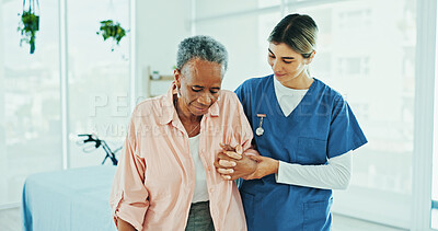 Buy stock photo Physiotherapist, helping and senior care for old woman, clinic and walking for rehabilitation and smile. Healthcare, caregiver and elderly patient with arthritis, people and balance in nursing home