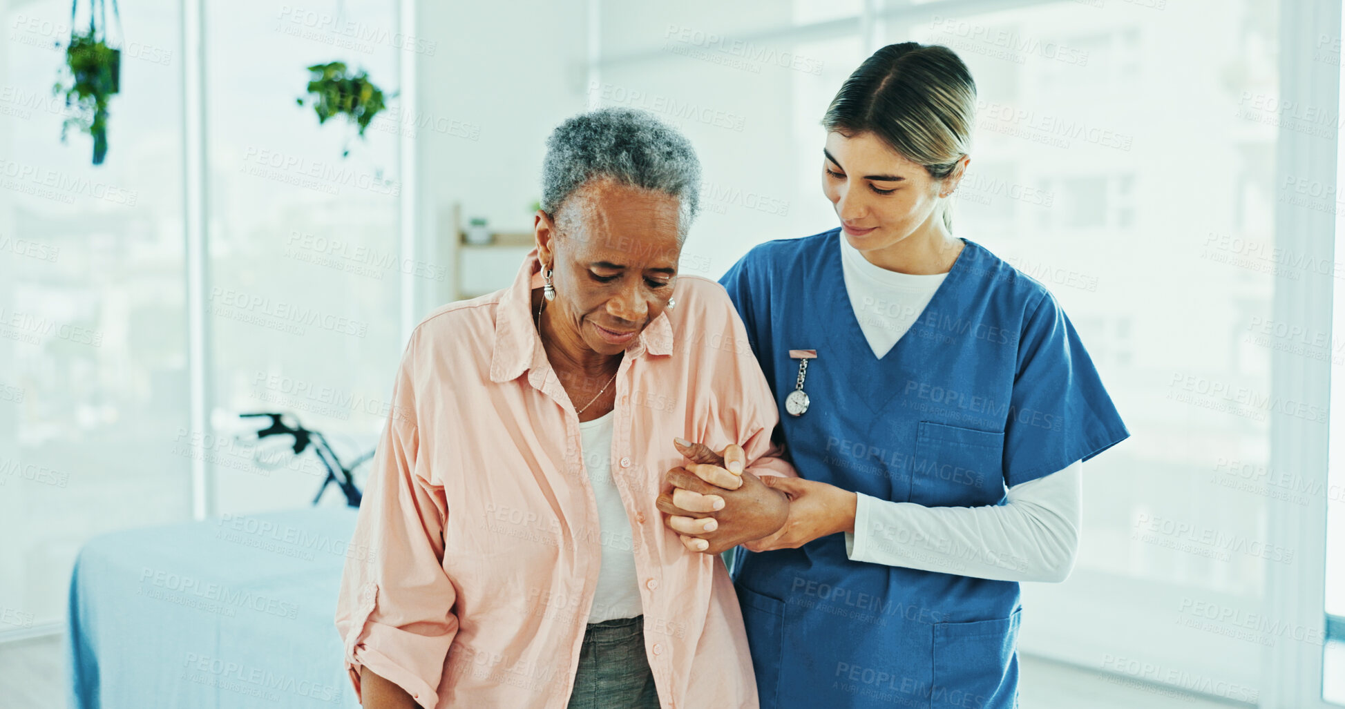 Buy stock photo Physiotherapist, helping and senior care for old woman, clinic and walking for rehabilitation and smile. Healthcare, caregiver and elderly patient with arthritis, people and balance in nursing home