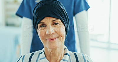 Buy stock photo Woman, portrait and nurse with wheelchair for cancer treatment, smile and recovery at hospital. Mature person, happy and survivor with scarf for rehabilitation, healthcare and wellness at clinic