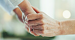 Nurse, holding hands and elderly care with support for empathy, love or assisted living at old age home. Closeup, people or touch with sympathy for healthcare, nursing help or assistance at house