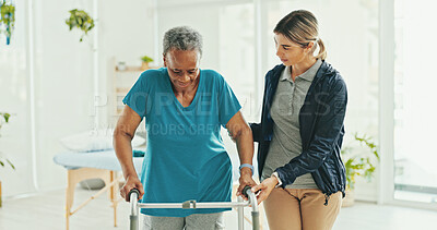 Buy stock photo Senior woman, physiotherapist and walker with support, recovery and helping hand with steps at hospital. Doctor, frame and person with disability, rehabilitation or progress with balance at clinic