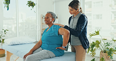 Buy stock photo Physiotherapy, back pain and consulting with old woman in clinic for chiropractor, rehabilitation and healthcare. Medical, arthritis and symptoms with people for physical therapy, support and healing