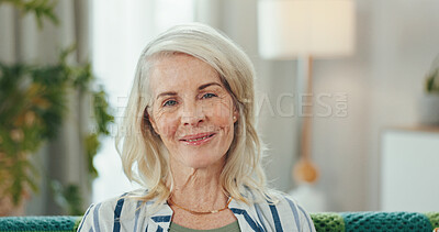 Buy stock photo Senior, woman and happy with portrait on sofa for relax, comfortable or peaceful in retirement. Female person, home and break in living room for wellness, security or mortgage freedom with insurance