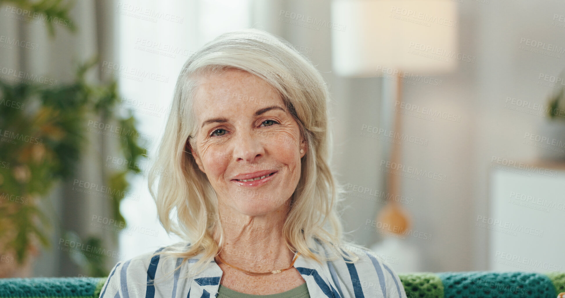 Buy stock photo Senior, woman and happy with portrait on sofa for relax, comfortable or peaceful in retirement. Female person, home and break in living room for wellness, security or mortgage freedom with insurance