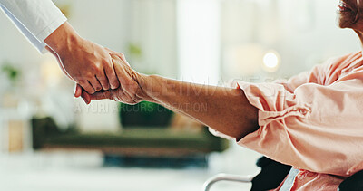 Buy stock photo Support, elderly woman and holding hands with nurse for empathy, compassion and kindness in retirement home. Senior care, caregiver and patient in wheelchair for medical help, assistance and service