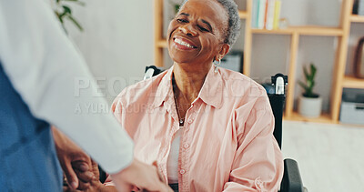 Buy stock photo Happy, senior woman or nurse with wheelchair for support, assisted living or healthcare at old age home. Elderly care, nursing help or person with a disability for mobility, assistance or medical aid