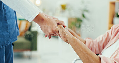 Buy stock photo Support, elderly woman and hands of nurse with empathy, compassion or kindness for healthcare in retirement home. Senior care, caregiver or patient in wheelchair for medical help or health assistance