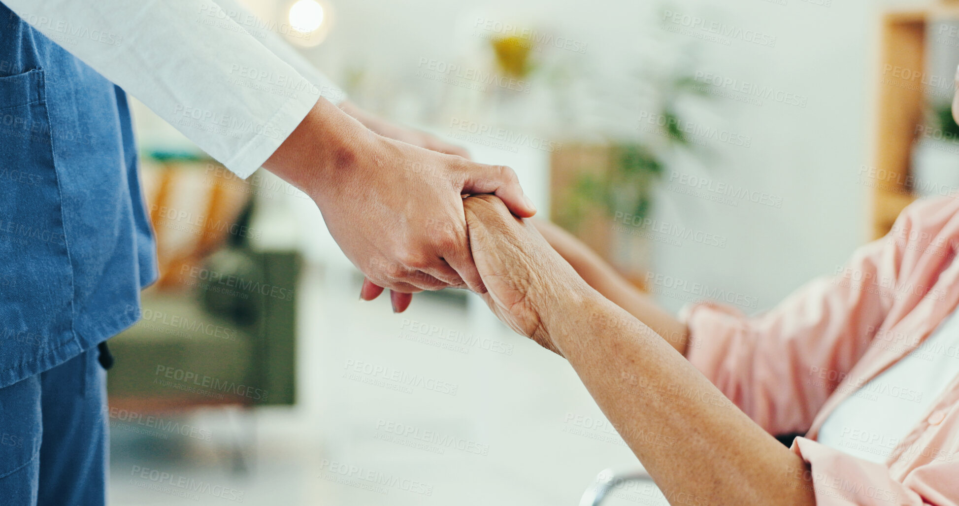 Buy stock photo Support, elderly woman and hands of nurse with empathy, compassion or kindness for healthcare in retirement home. Senior care, caregiver or patient in wheelchair for medical help or health assistance