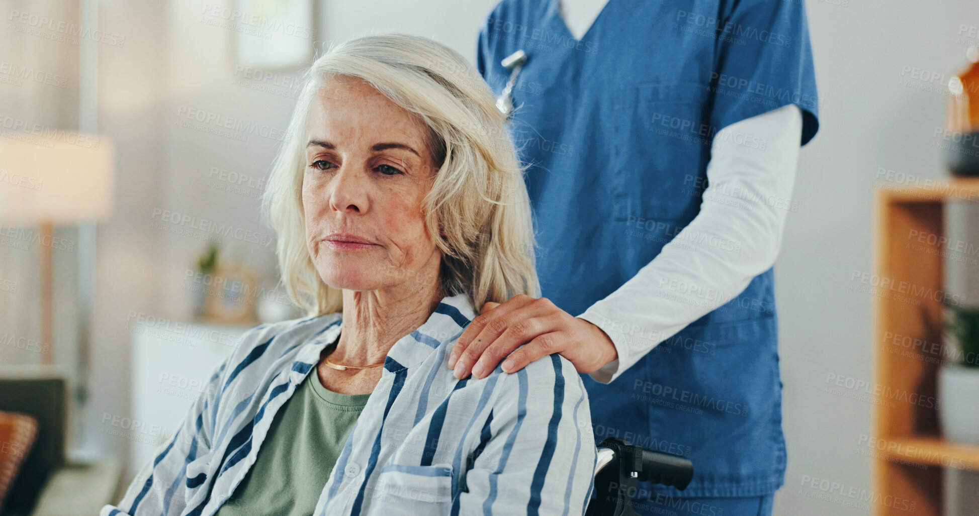 Buy stock photo Senior woman, wheelchair and caregiver with comfort, support and console for depression in retirement. Nurse, patient or elderly person with disability, recovery and sad with rehabilitation in house