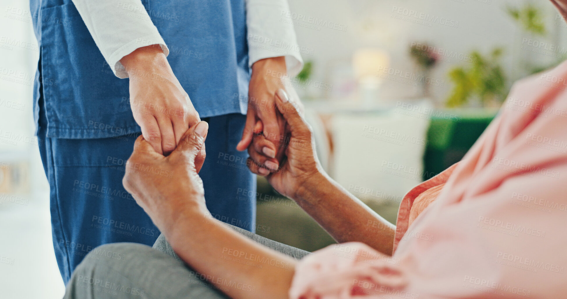 Buy stock photo Empathy, senior woman and holding hands with nurse for compassion and comfort with grief, loss or support. Elderly care, caregiver and patient with gratitude for medical help, recovery and healthcare