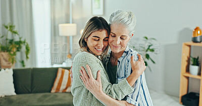 Buy stock photo Elderly woman, caregiver and hug with empathy for healthcare, comfort and treatment in senior care at home. People, therapist and embrace for welcome, conversation and support checkup in retirement