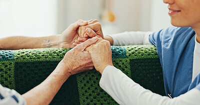 Buy stock photo Support, senior woman and holding hands with nurse for empathy, compassion or kindness in retirement home. Elderly care, caregiver and patient on sofa for medical help, consultation or health service