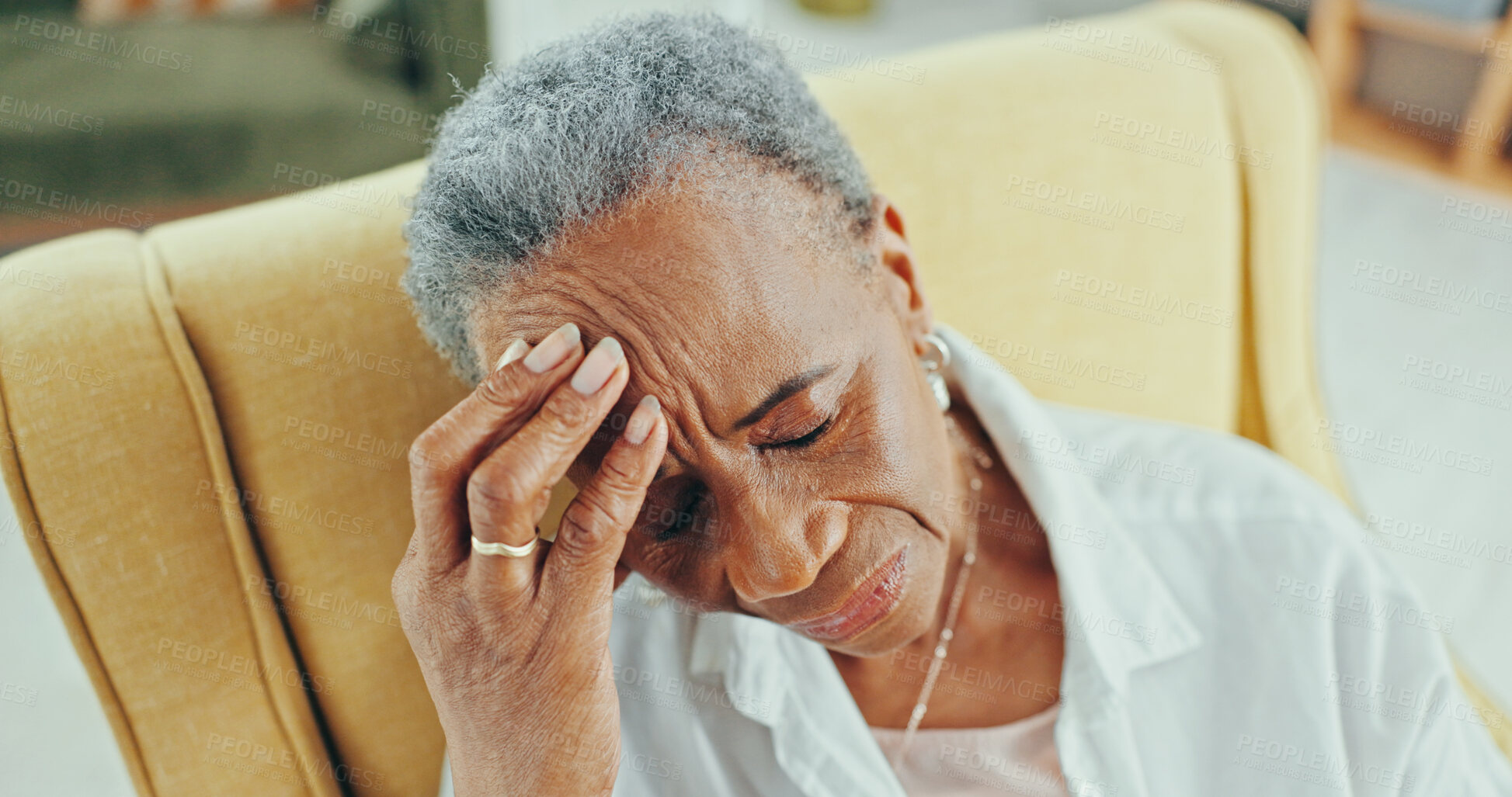 Buy stock photo Sad, senior and thinking with black woman on sofa for reflection, depression and retirement. Dementia, memory and regret with elderly person in living room of nursing home for grief, lonely and tired