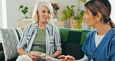 Buy stock photo Senior woman, caregiver and tablet with checklist for healthcare, comfort and treatment in elderly care at home. People, nurse and digital technology for help, conversation and checkup in retirement