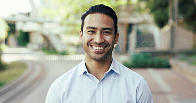 Buy stock photo Portrait, smile and man in city with outdoor, morning commute and travel for business trip. Employee, attorney or lawyer intern with New York opportunity, confidence and excited for advocate job