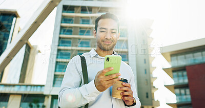 Buy stock photo Businessman, phone and browsing with coffee in city for online chatting, texting or app. Happy man, employee or traveler with smile on mobile smartphone for social media, communication or network