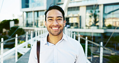 Buy stock photo Portrait, smile and businessman in city with outdoor, morning commute and travel for trip. Law firm, attorney or lawyer intern with New York opportunity, confidence and excited for advocate job