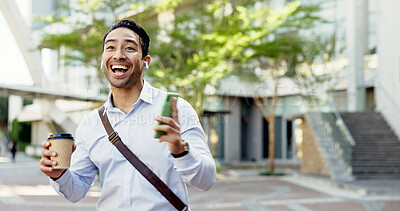Buy stock photo Phone, coffee and music with business man in city for streaming, audio app and travel. Happiness, earphones and morning with person and mobile for professional, dancing and positive attitude